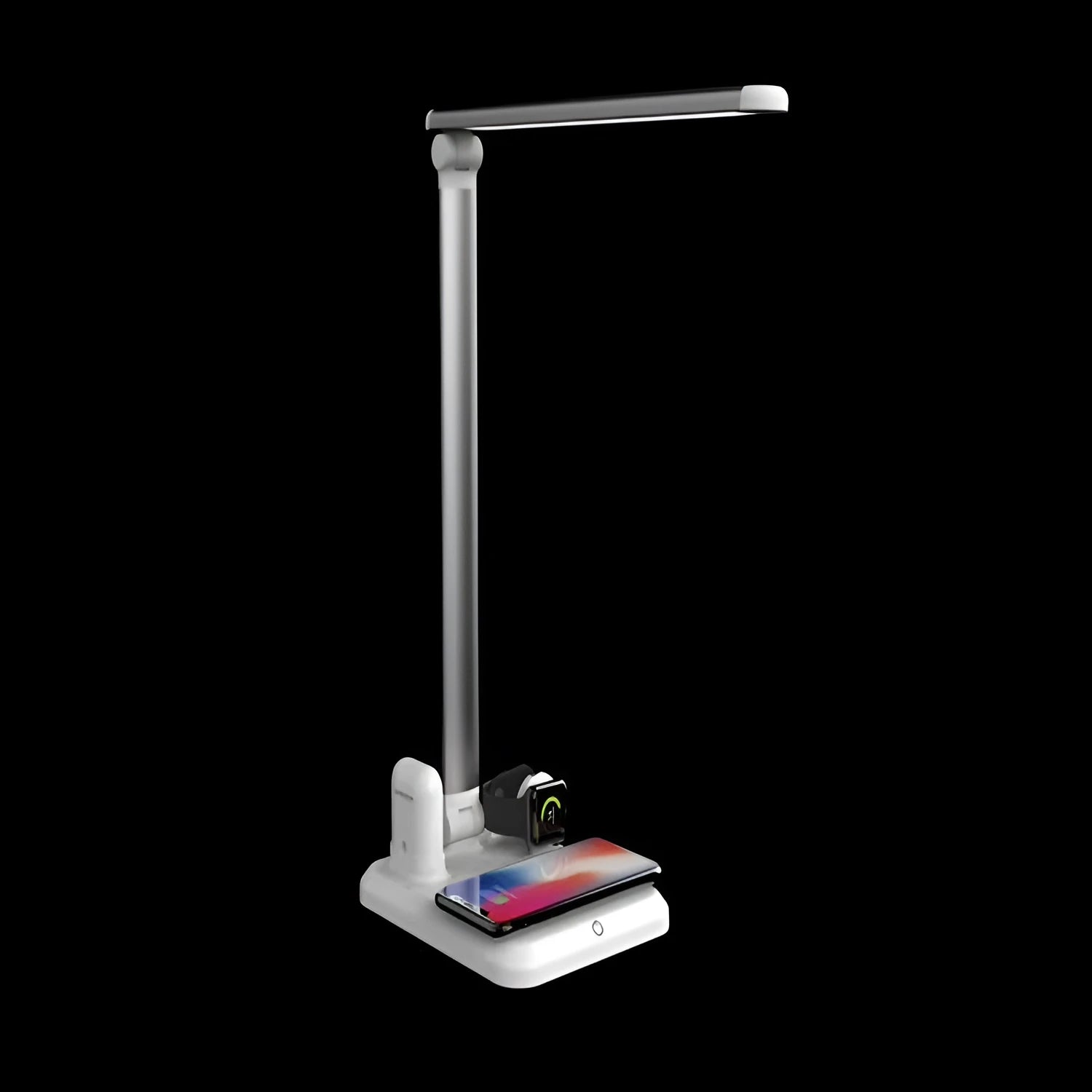 Black or white 4-in-1 LED desk lamp with wireless charging pad and adjustable lighting controls