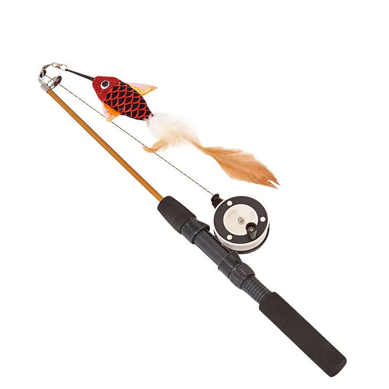Cat teaser feather toy with retractable rod, plush fish replacement, and feather on a random colour base