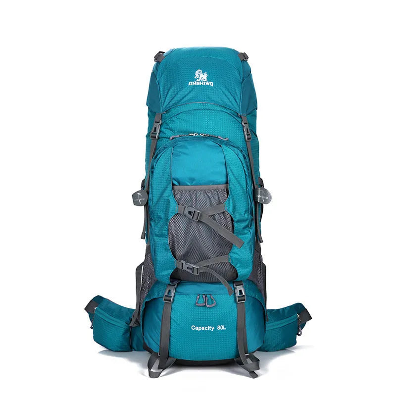 Large nylon backpack 56-75L with zip opening, inner zip pocket and soft-surface construction in blue black.