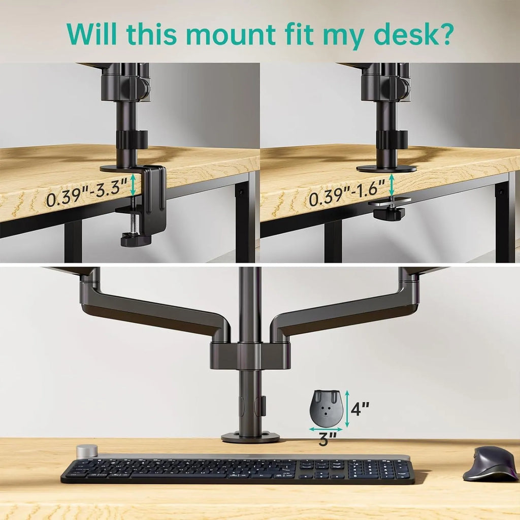 Black aluminium alloy triple-arm gas spring monitor arm for 27-inch screens