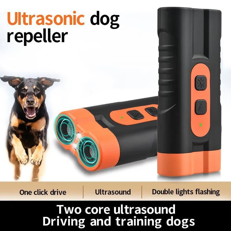 Black two-head ultrasonic dog repellent torch, 108g plastic body, 800mAh battery, 13x8x4cm