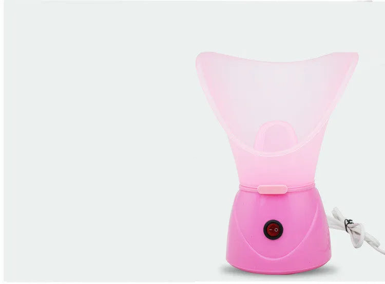 Pink ion hot steamer face machine with 55ml tank and food-grade PP body on white background