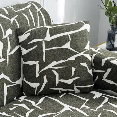 Printed geometric stretch sofa slipcover on double seat sofa in modern simplicity style