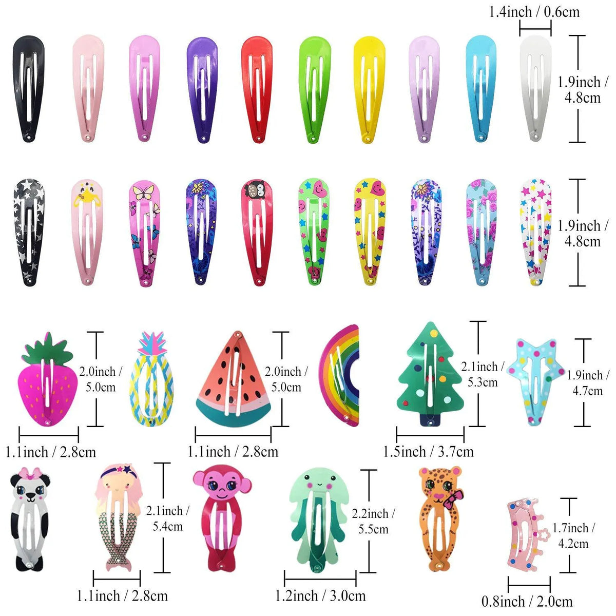 Assorted candy colour metal snap hair clips with animal, fruit, crown, star, and flower designs.