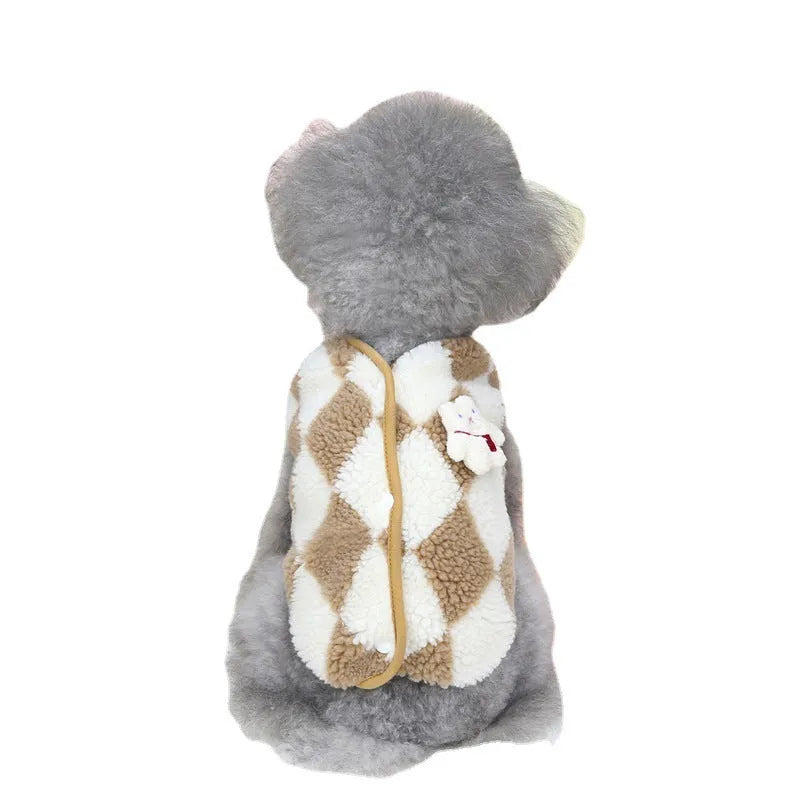 Pet checkerboard vest jacket in brown coral velvet with diamond plaid pattern for cats and dogs