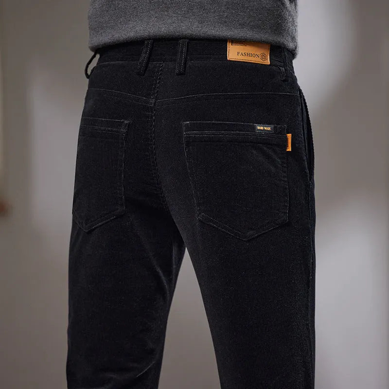 Slim fit straight corduroy trousers in cotton, mid waist, four colours, sizes 28-40