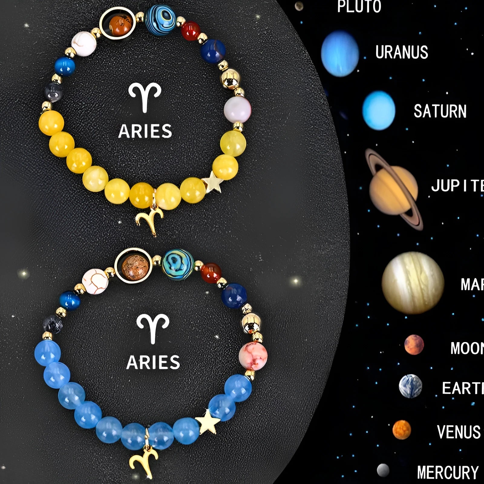 Twelve zodiac sign natural stone beaded bracelets showing different astrology designs