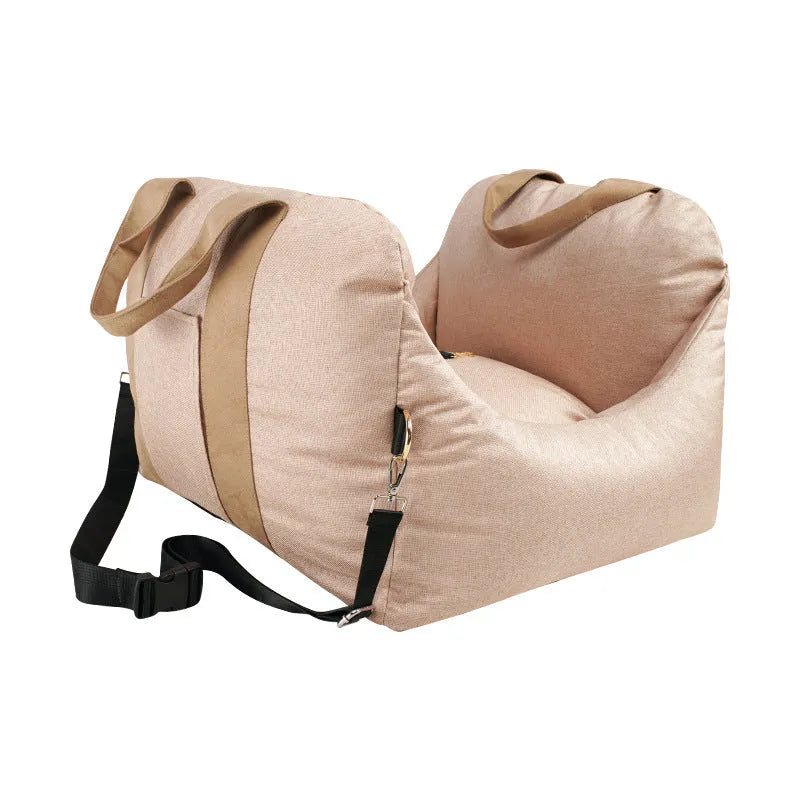 Removable washable cloth pet travel mat in light grey for small dogs and cats under 10kg with adjustable snap buckle
