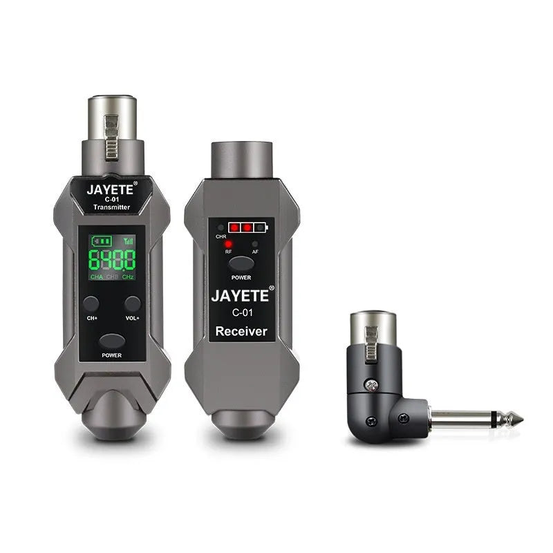Moving coil microphone converter wireless transmission receiver set with transmitter, receiver, converter head, and charging cable