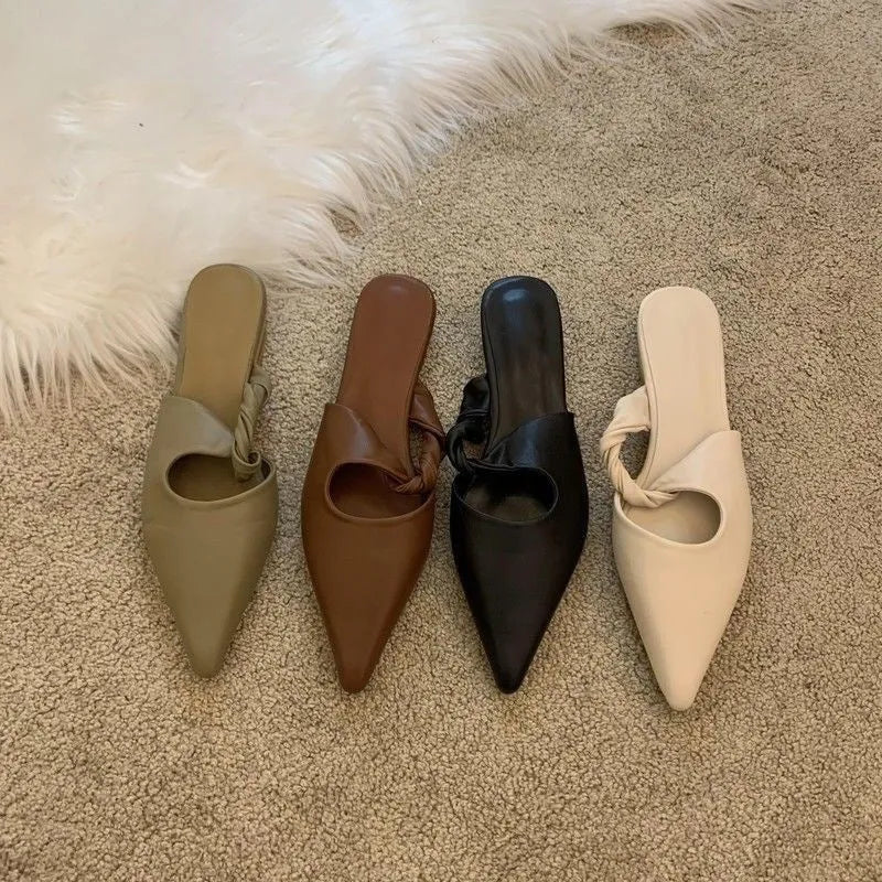 Women's leather-lined semi-toe box slippers with spring design and rubber sole in four colour options
