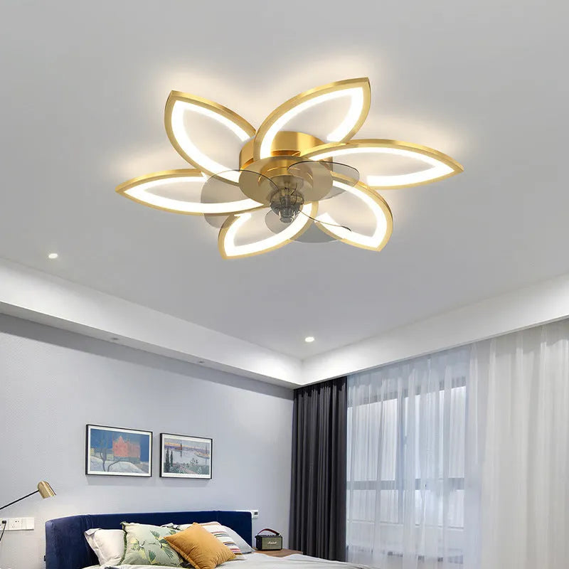 Gold ceiling fan lamp with PVC leaves, 68cm diameter and 4cm height, 72W power