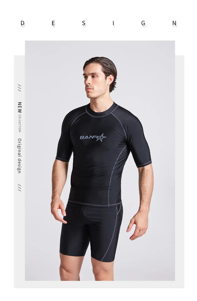 Men's quick-dry half sleeve swimsuit set in nylon fabric for snorkelling and surfing activities