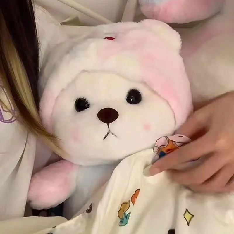 Colourful strawberry bear plush doll with cute face, available in multiple sizes and colours for teenagers