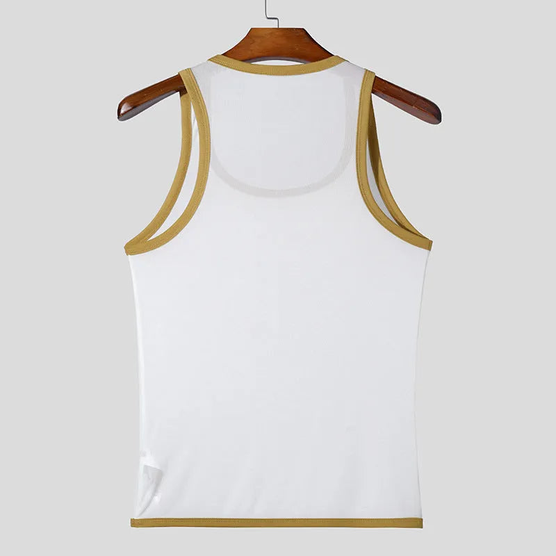 Men's white polyester mesh fitness vest with straight hem design for sports training