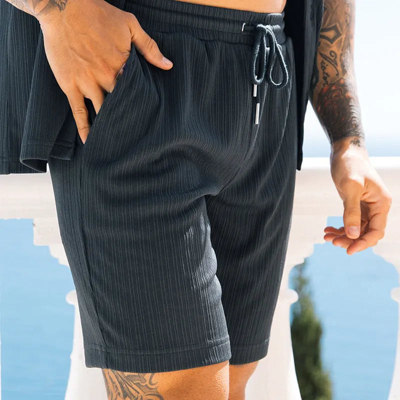 Men's two piece set with short sleeve lapel button shirt and matching shorts in cotton blend, summer beach streetwear outfit