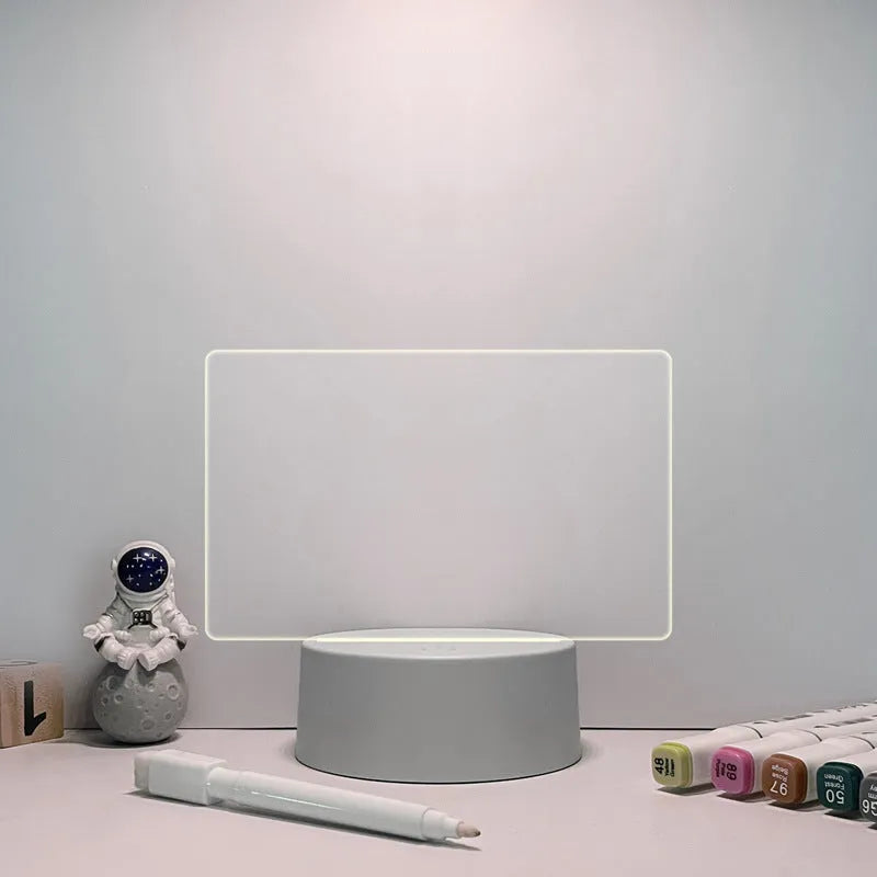 Acrylic message board night lamp with round base and warm light, four interchangeable panels, USB powered