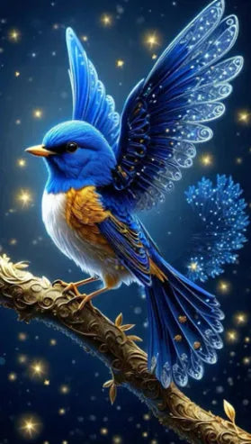 Handmade DIY Blue Bird rhinestone painting kit showing acrylic crystals on a 60x100cm canvas.