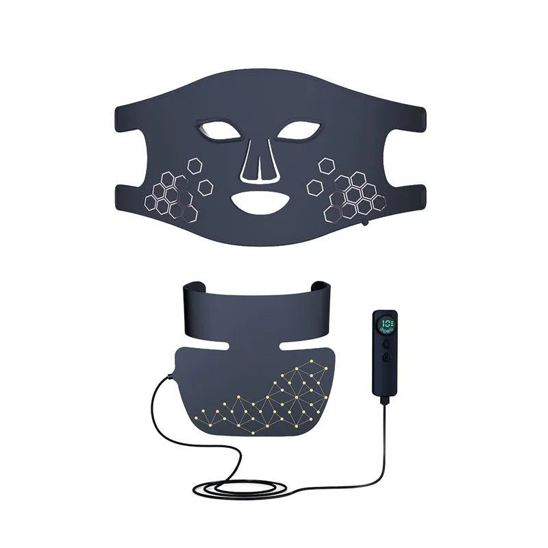 Black LED photon therapy facial mask with four colour infrared lights and neck support strap