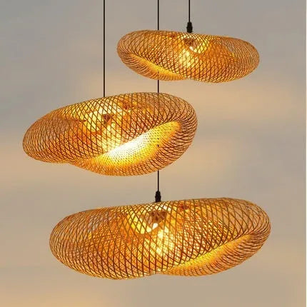 Bamboo straw hat-shaped hanging ceiling lamp in natural woven finish