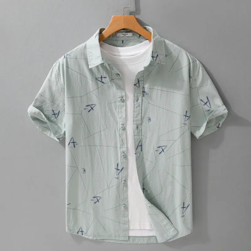 Pure cotton letter printed short sleeve shirt in white loose cardigan style front view