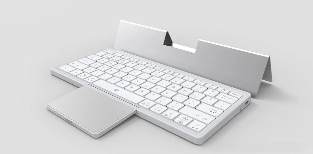 Three-in-one wireless Bluetooth keyboard with touch pad, leather sheath, and adjustable stand for tablets and mobile phones
