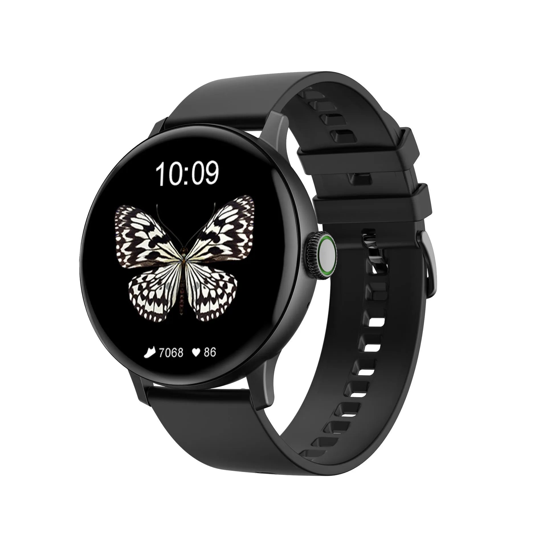 Bluetooth smart bracelet with circular touch screen on a black stainless steel bracelet, showing call and heart rate interface