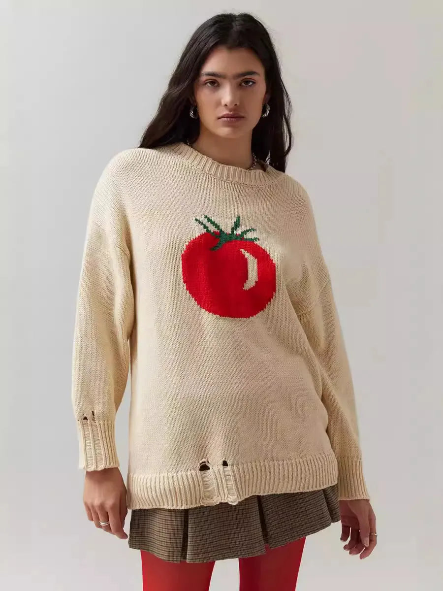 Women's milky white loose-fitting Jacquard knit sweater with round neck and long sleeves.