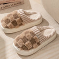Women's plaid plush slippers with non-slip PVC sole, round toe, flat heel, in Coffee colour