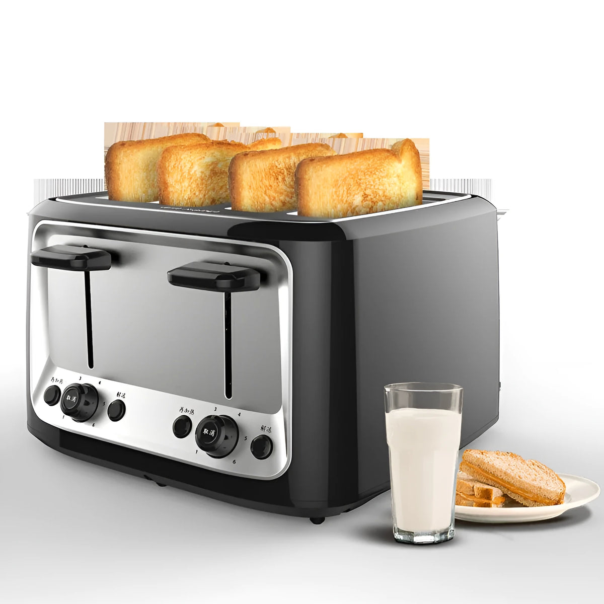 Four slot automatic toaster with 1500W power, 1-6 browning control, and optional AU CN EU UK US plug.