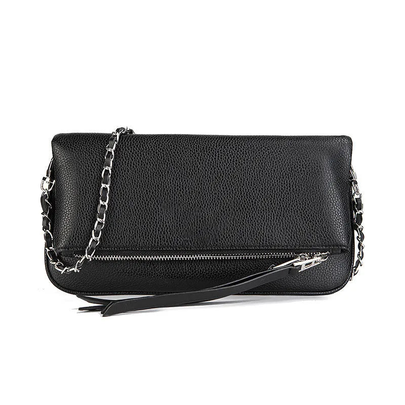 Women's black chain folding clutch shoulder bag with shell shape and crossbody strap