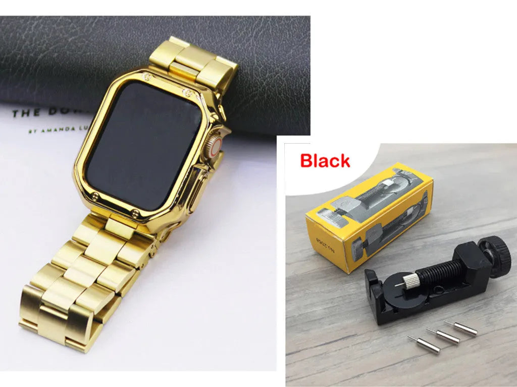 Stainless steel link band and black TPU protective frame for Apple Watch 44mm case