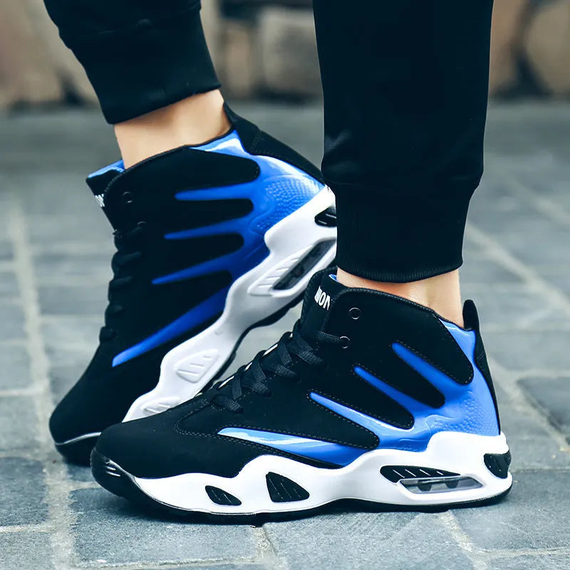 Men's high-top basketball shoes with jute upper, Zoom Air cushioning and wear-resistant outsole, in blue.