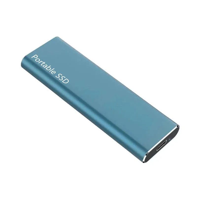 Ultra-thin metal external SSD portable hard drive in red, black, blue, or silver.
