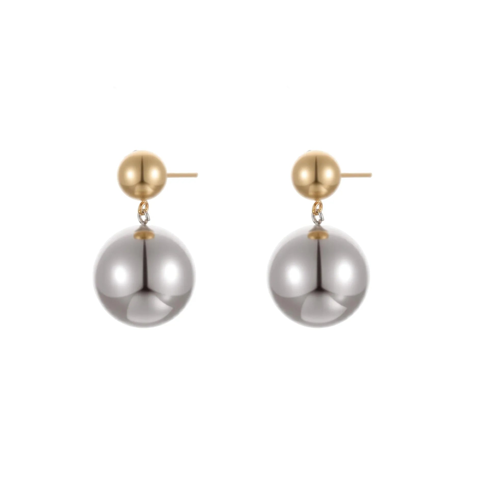 A pair of round bead geometric ear studs with a colour-block electroplated finish on stainless steel.