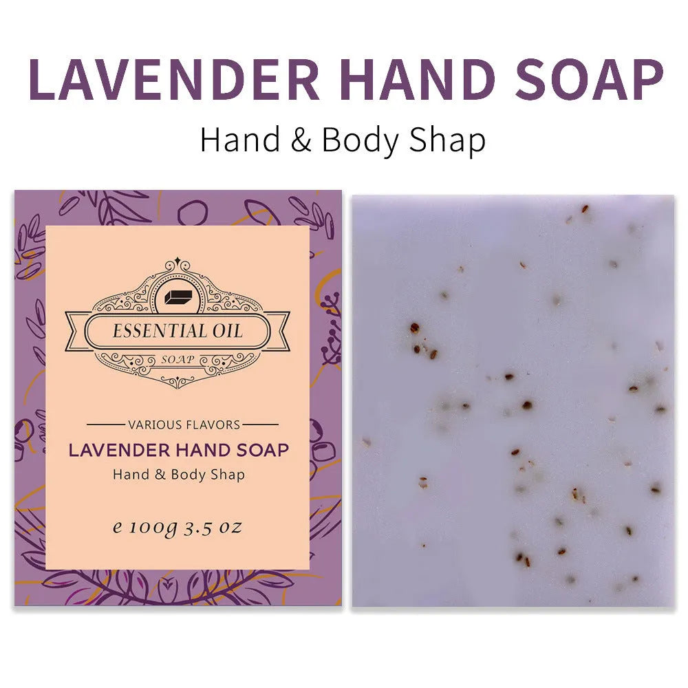 Handmade frosted essential oil soap bar in 100g size with scent options including coconut, green tea, lavender, and rose