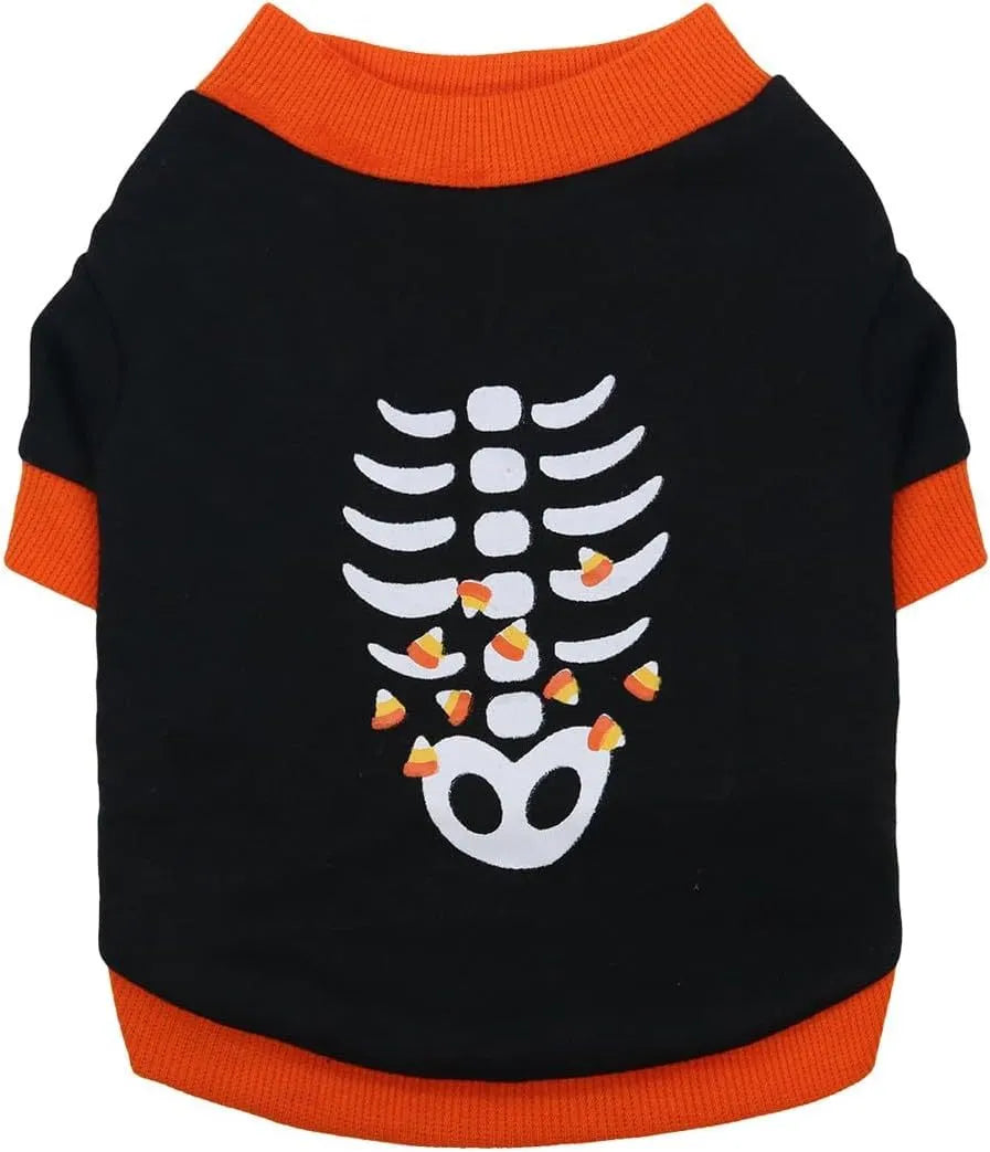 Halloween dog skeleton costume sweatshirt in Orange or White for small dogs and cats, sizes XS to XL.