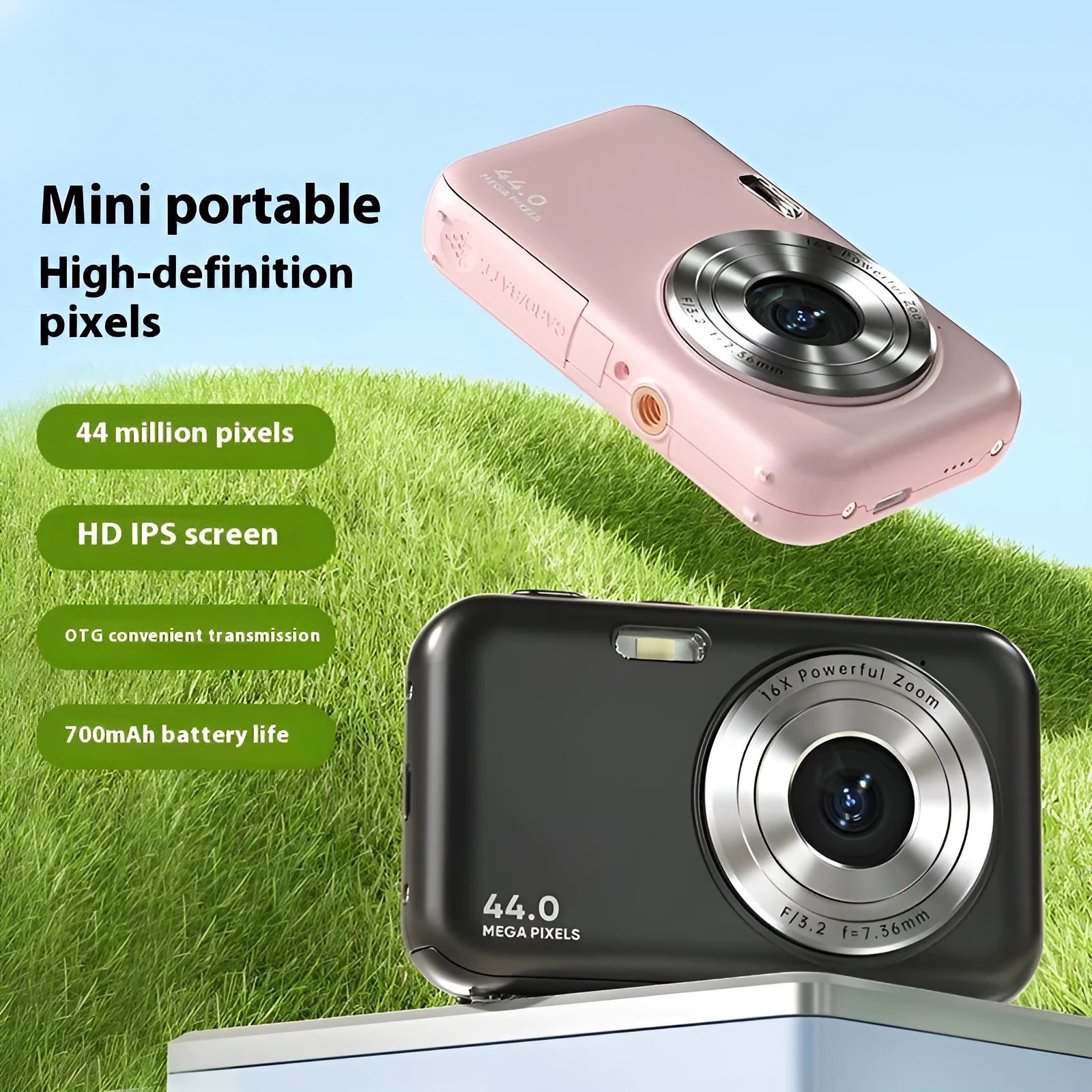 Colourful children's digital camera with 2.4-inch screen showing 44MP and 1080p video capabilities.