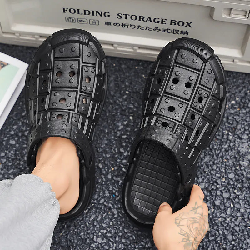 Men's sand-coloured EVA slippers with a thick sole and toe holder design on a plain background