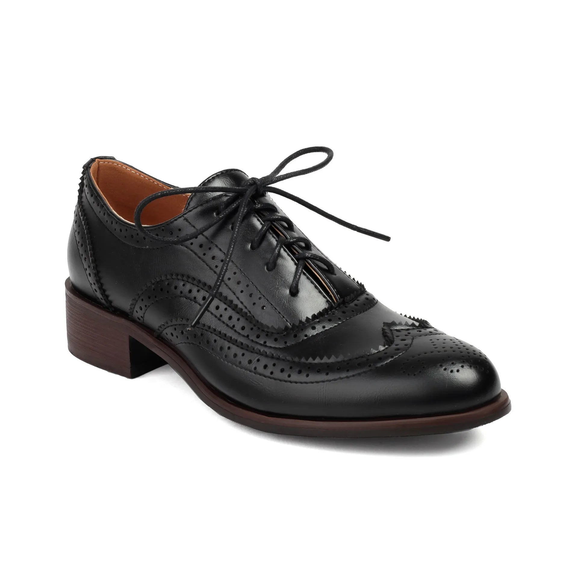 Retro British contrasting colour brogue high-cut lace-up shoes, round toe, low heel, sizes 35-39