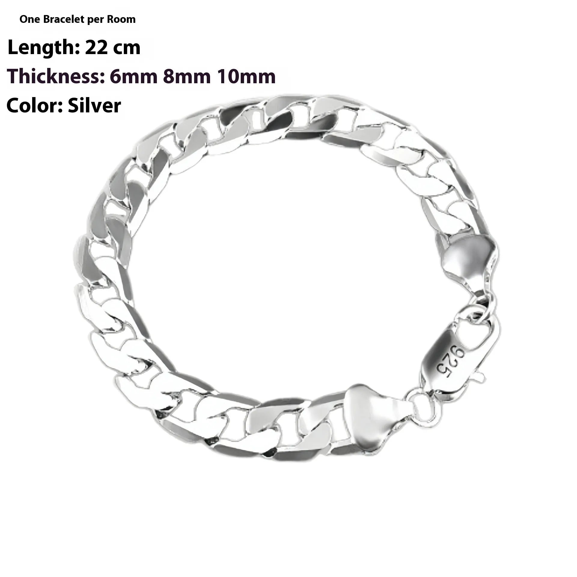 Silver-plated copper geometric bracelet on display, 22cm length, 10mm width, unisex style