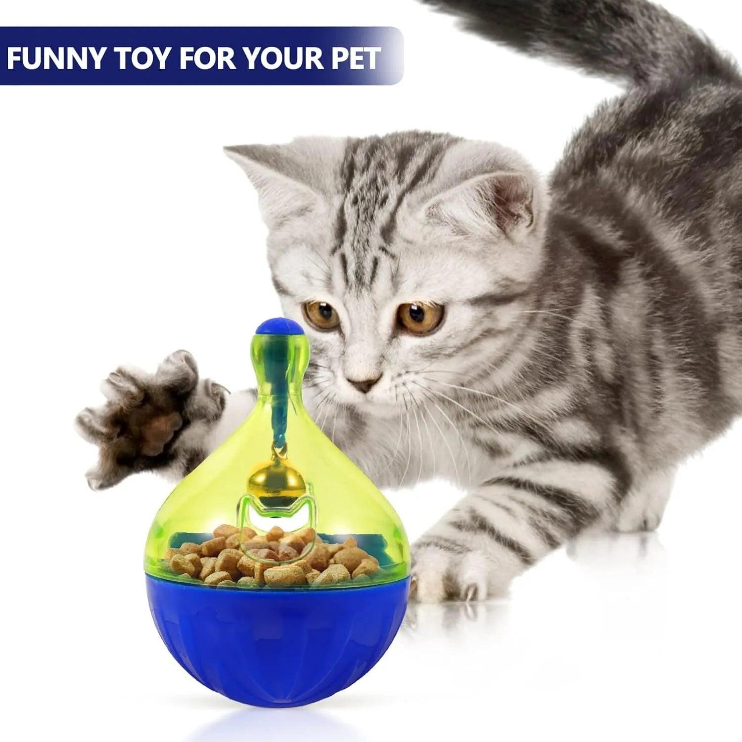Blue plastic tumbler-shaped pet treat dispenser ball for dogs and cats.
