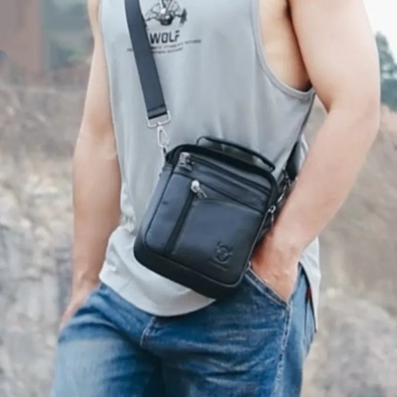 Black genuine leather retro style mens shoulder messenger bag for business casual and travel