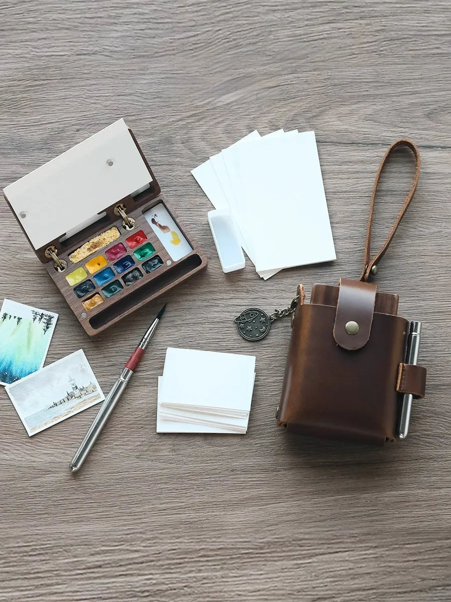 Mini wooden watercolour paint box with choice of pigment suit styles including Holbein and Schminke.