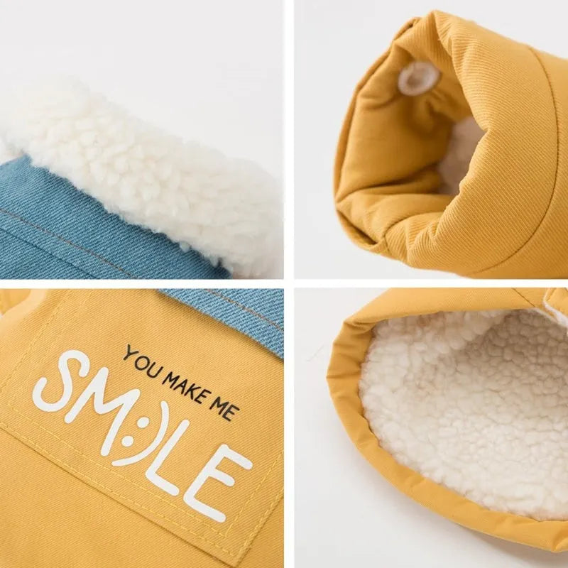 Yellow denim patchwork puppy coat for small to medium dogs with Sherpa fleece lining