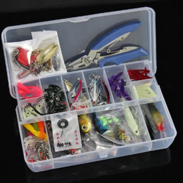 132-piece rose red treasure fishing lure suit set with soft baits and hooks on a blue background.