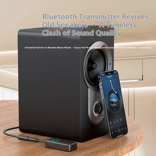 Black Bluetooth 5.4 audio adapter with 3.5mm plug for wireless streaming to car stereos and speakers