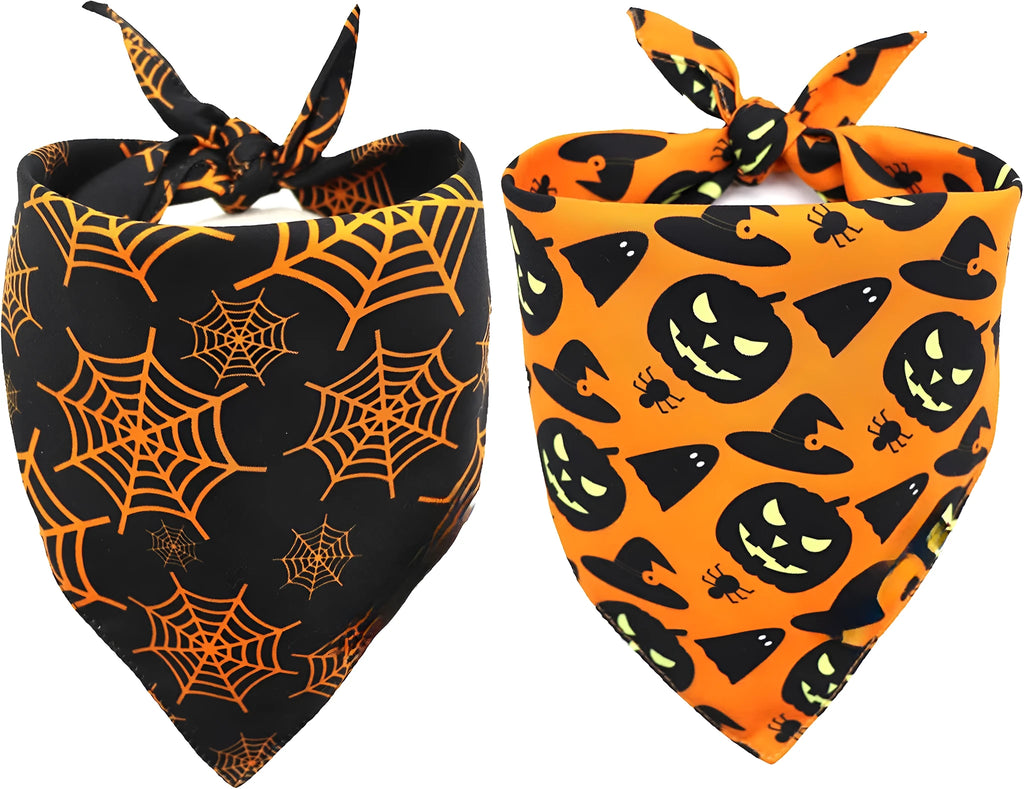 Halloween reversible dog bandana showing pumpkin and spider web patterns in black and orange colours