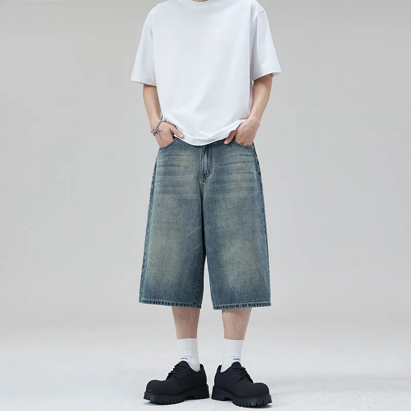 Men's cotton denim straight-leg summer shorts in loose cropped fit available in multiple colours