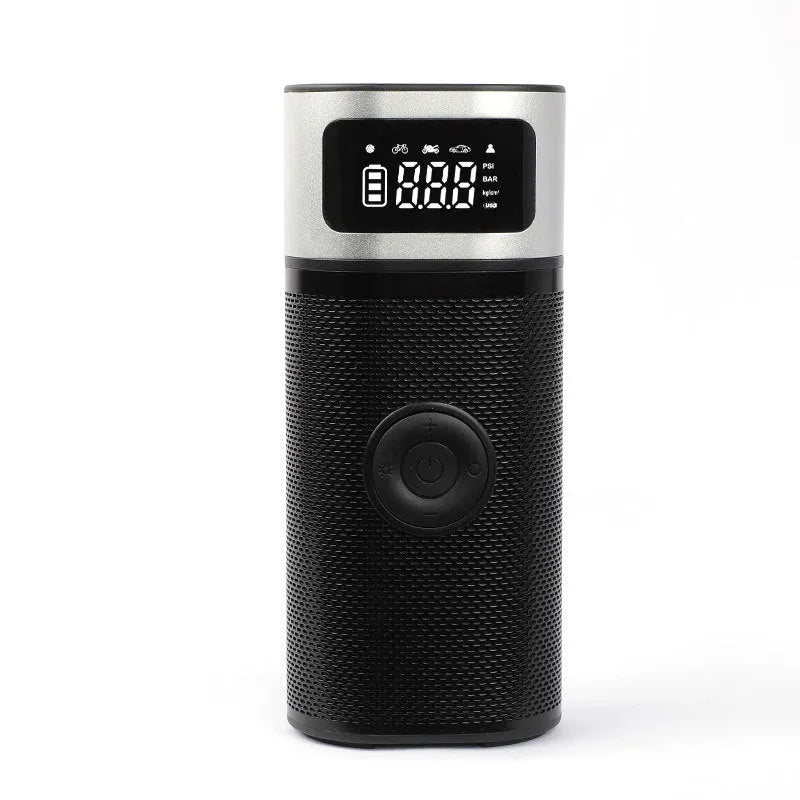 Black portable wireless vehicle air pump with metal construction and 15cm inflation tube including multiple nozzle attachments