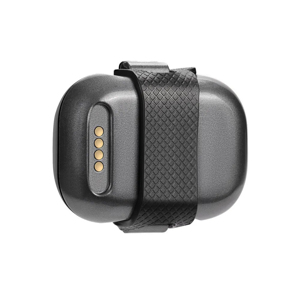 Black GPS pet tracker unit with hanging rope for attachment to a dog or cat collar.
